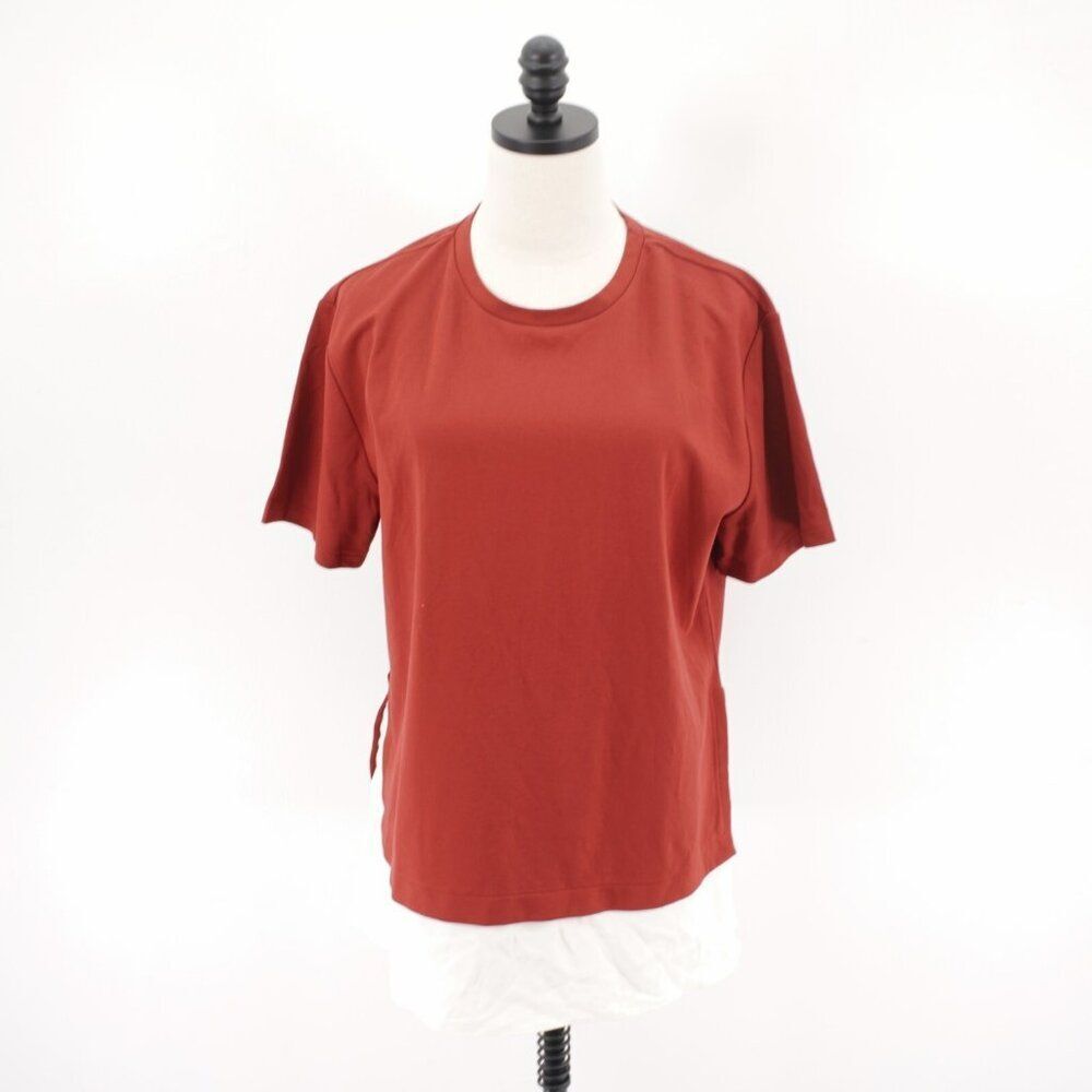 AnnāTaylor Large Red Crew Neck 2 Materialā Sheer Bottom Blouse